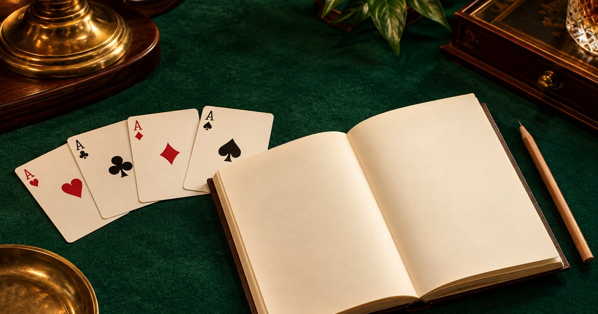Playing cards, blank rulebook and pencil on green felt