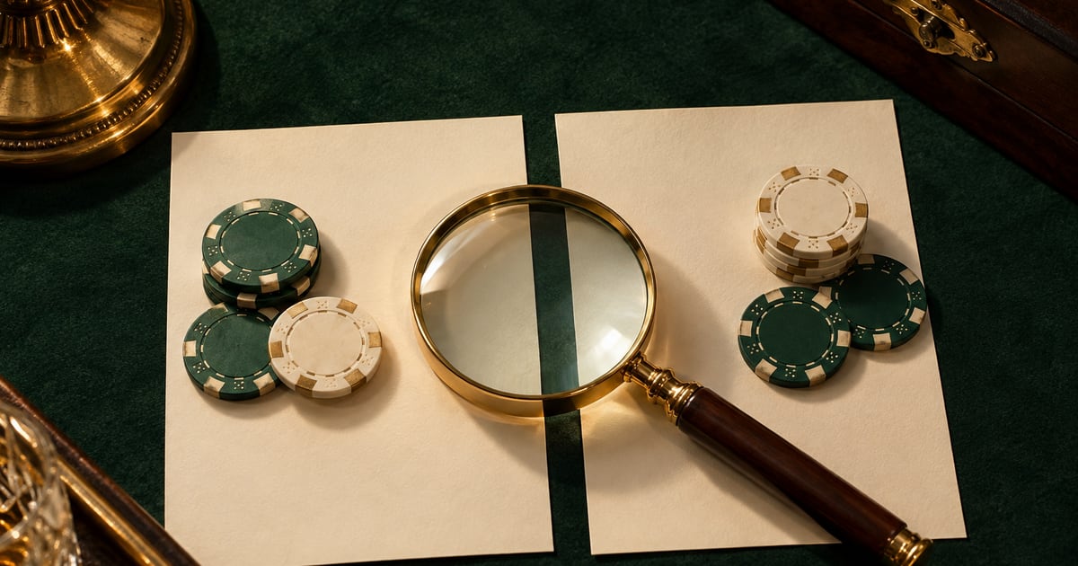 Magnifying glass over blank sheets and casino chips illustrating comparison research