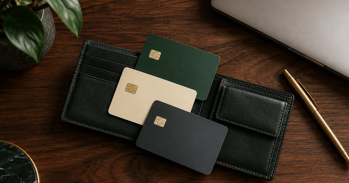 Leather wallet and plain bank cards illustrating payment method comparisons