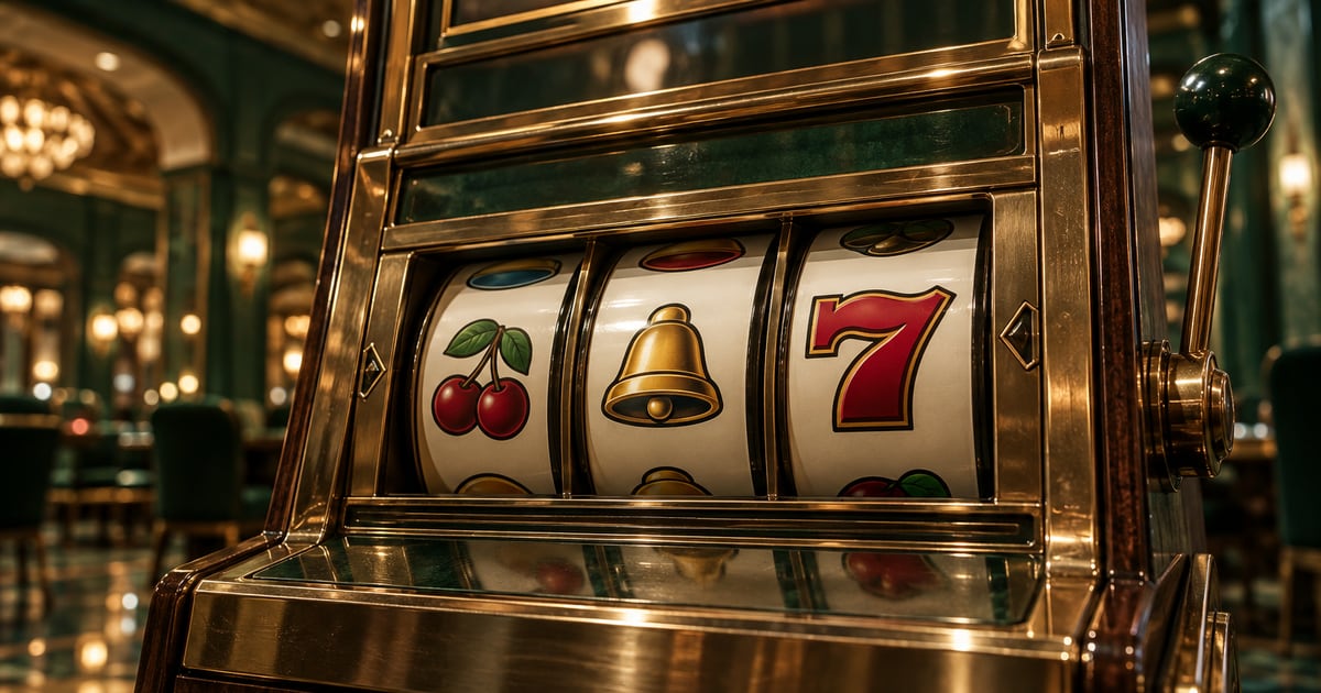 Close-up of an unbranded physical slot machine with mechanical reels