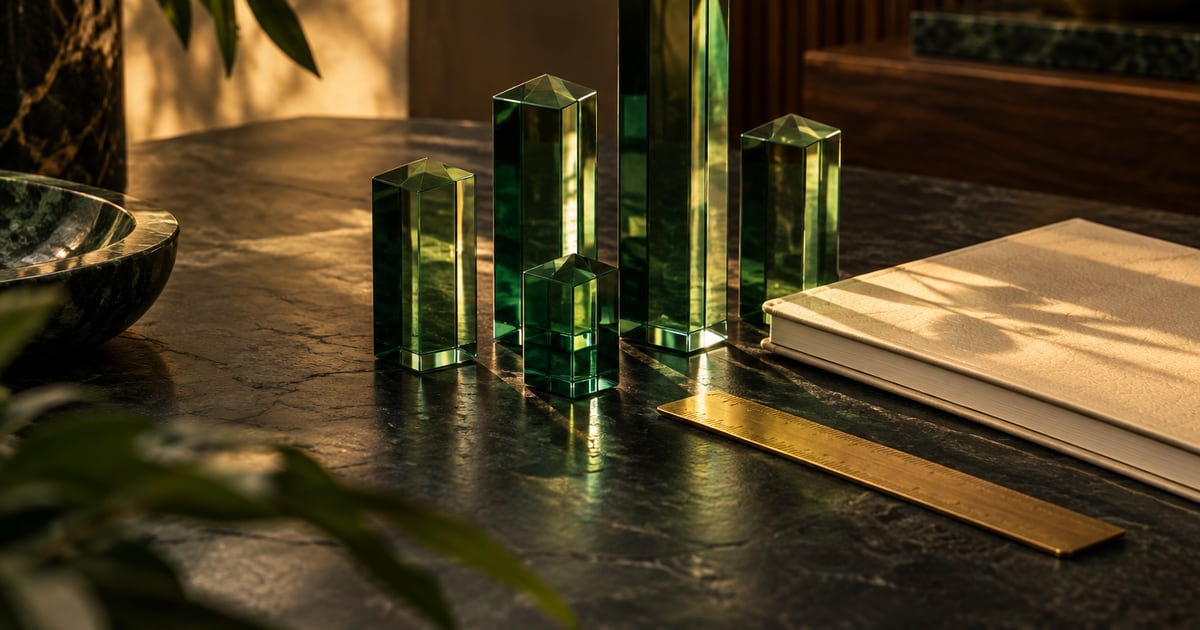 Green glass prisms beside a research notebook illustrating trend analysis