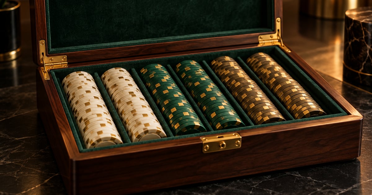 Open wooden poker-chip case with organized green and ivory chips