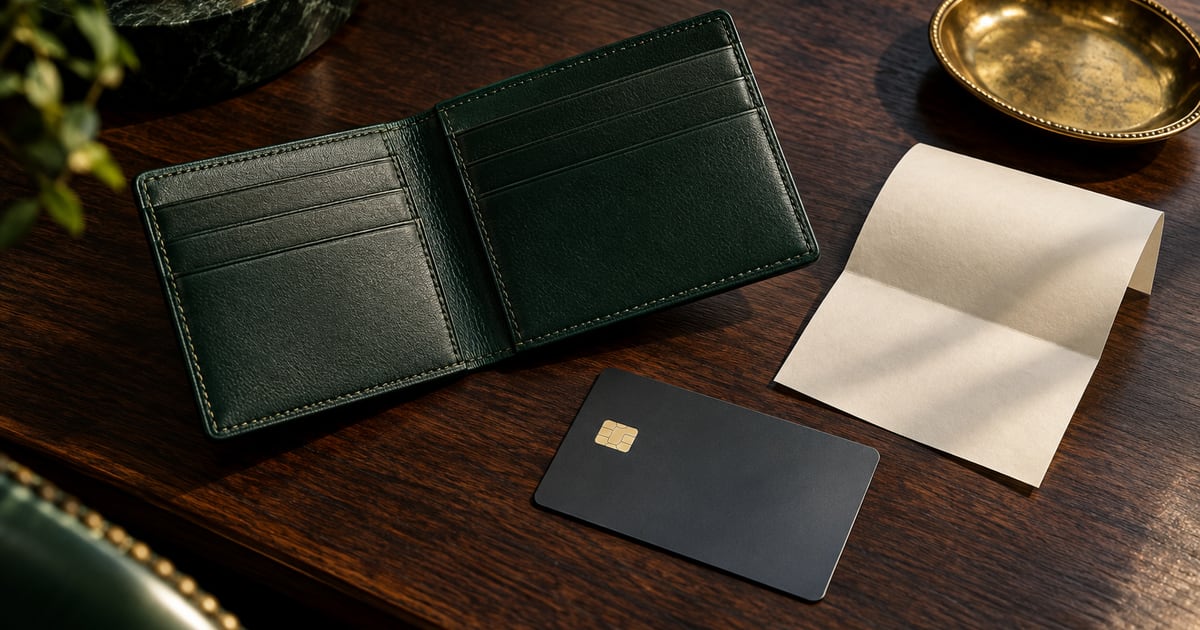 Green card holder, plain payment card and blank receipt on a walnut desk
