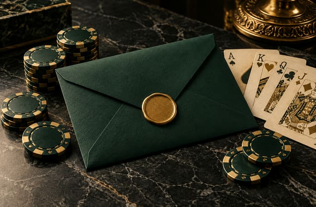 Sealed green envelope and gold-toned chips illustrating a guide to promotion conditions