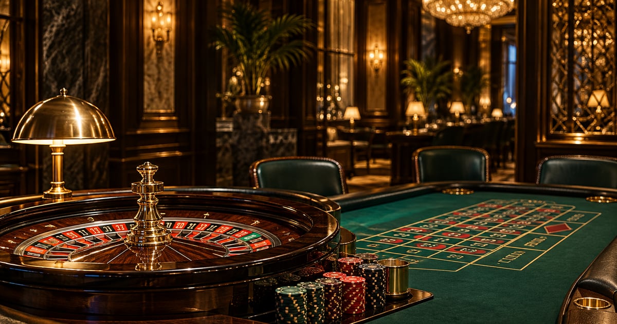 Empty casino table with a roulette wheel and warm lighting in a generic interior