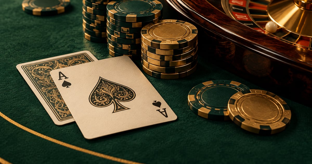 Photorealistic editorial still life of playing cards, emerald chips and a roulette wheel on green felt