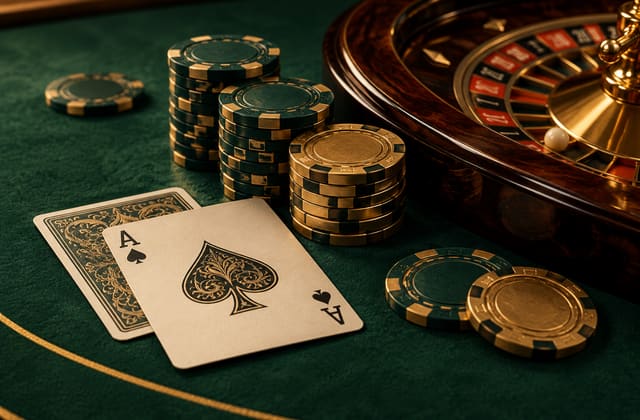 Photorealistic editorial still life of playing cards, emerald chips and a roulette wheel on green felt