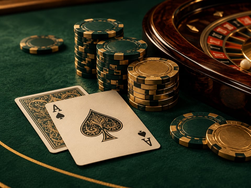 Photorealistic editorial still life of playing cards, emerald chips and a roulette wheel on green felt