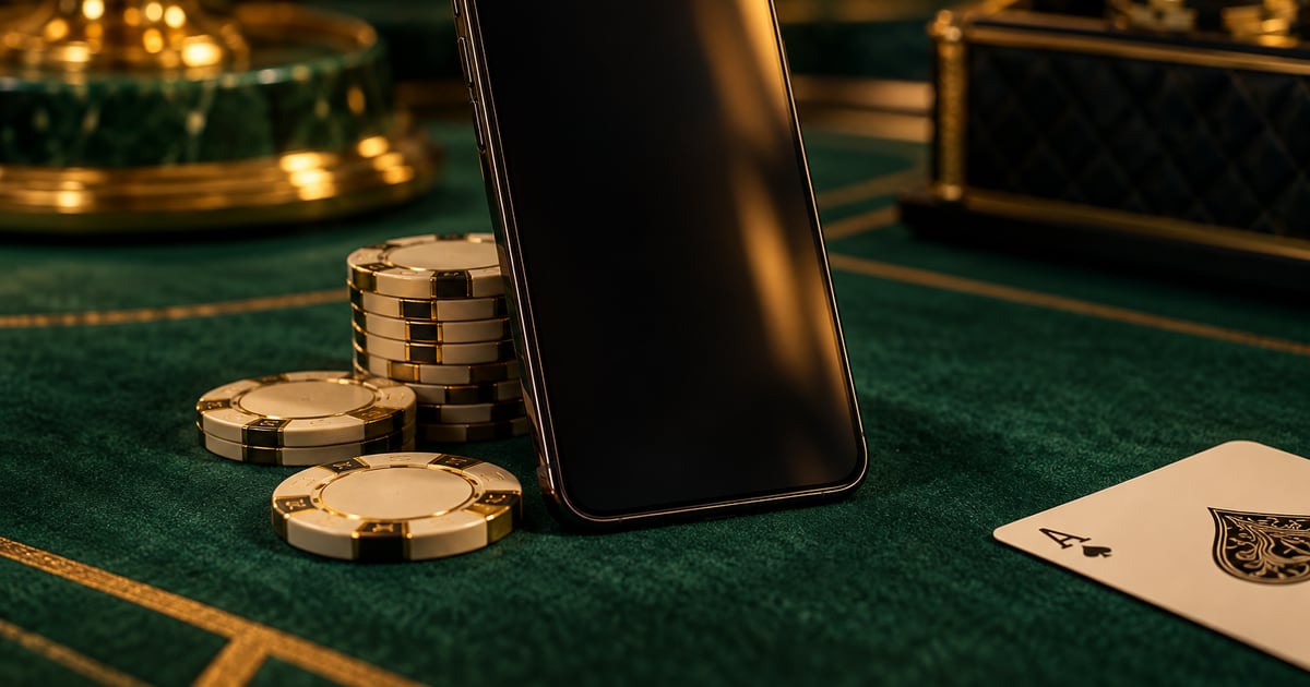 Unbranded smartphone with a dark screen beside casino chips on green felt