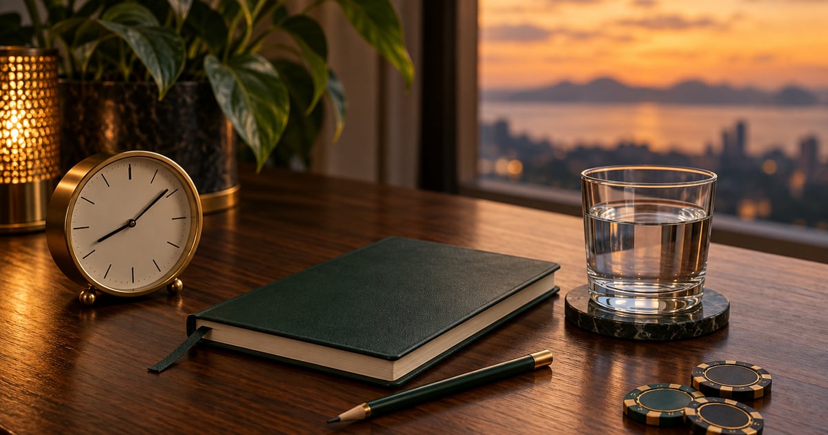 Clock, notebook and water glass with casino chips set aside, illustrating a break