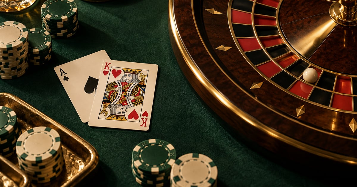 Roulette wheel, ivory playing cards and poker chips on an emerald casino table