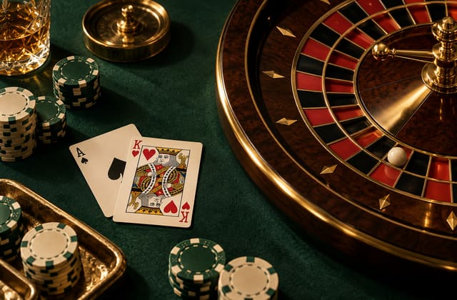 Roulette wheel, ivory playing cards and poker chips on an emerald casino table