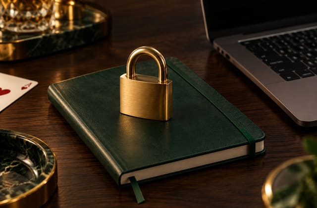 Brass padlock and green notebook beside a laptop on a dark wooden desk